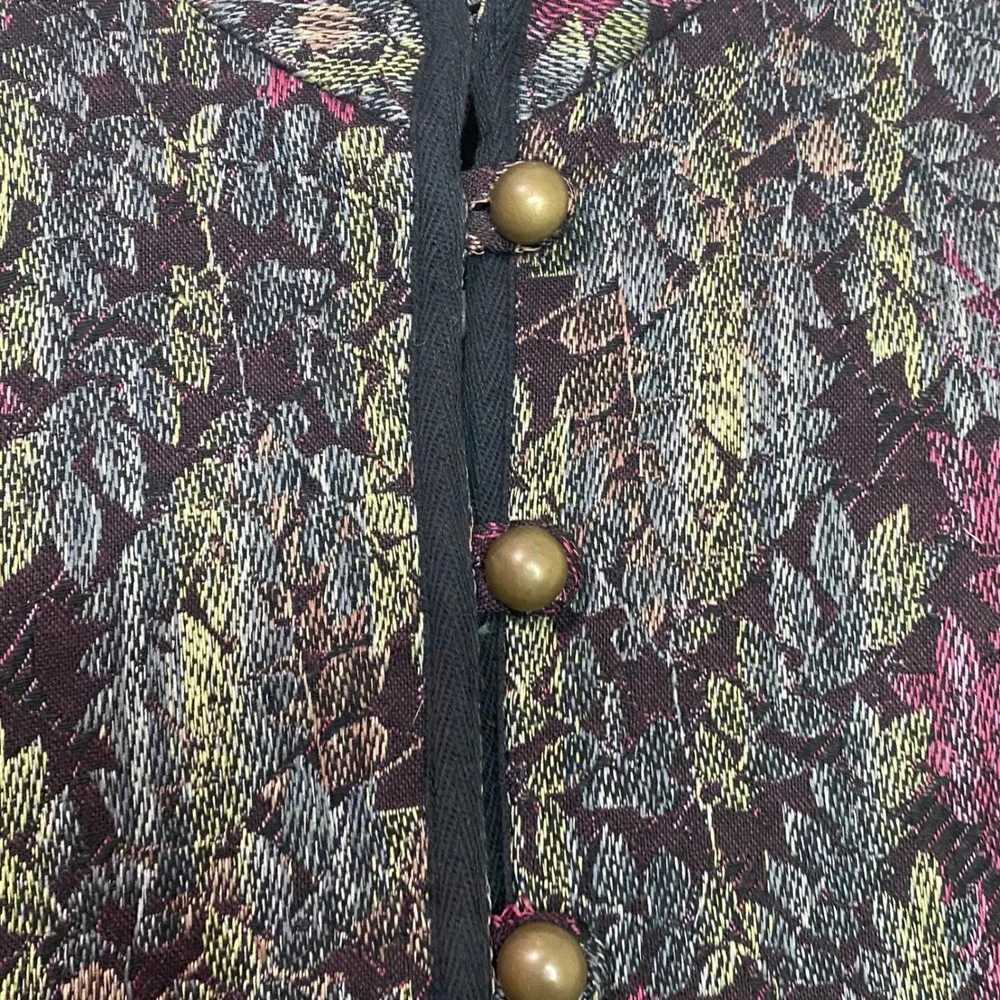 Vtg Multiples Tapestry Jacket Floral Leaf Mandarin Collar Brass Buttons Size XS